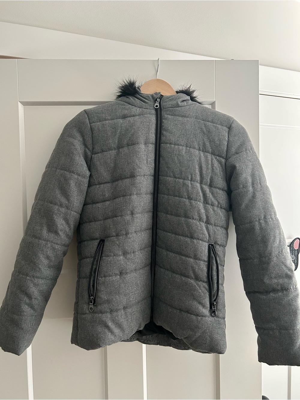 Gray Quilted Hooded Jacket with Faux Fur Trim